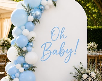 May include: A white arched backdrop featuring the blue text Oh Baby! decorated with a balloon garland in shades of light blue, metallic blue, and white, accented with green foliage. A wicker basket with flowers and lanterns sit nearby.