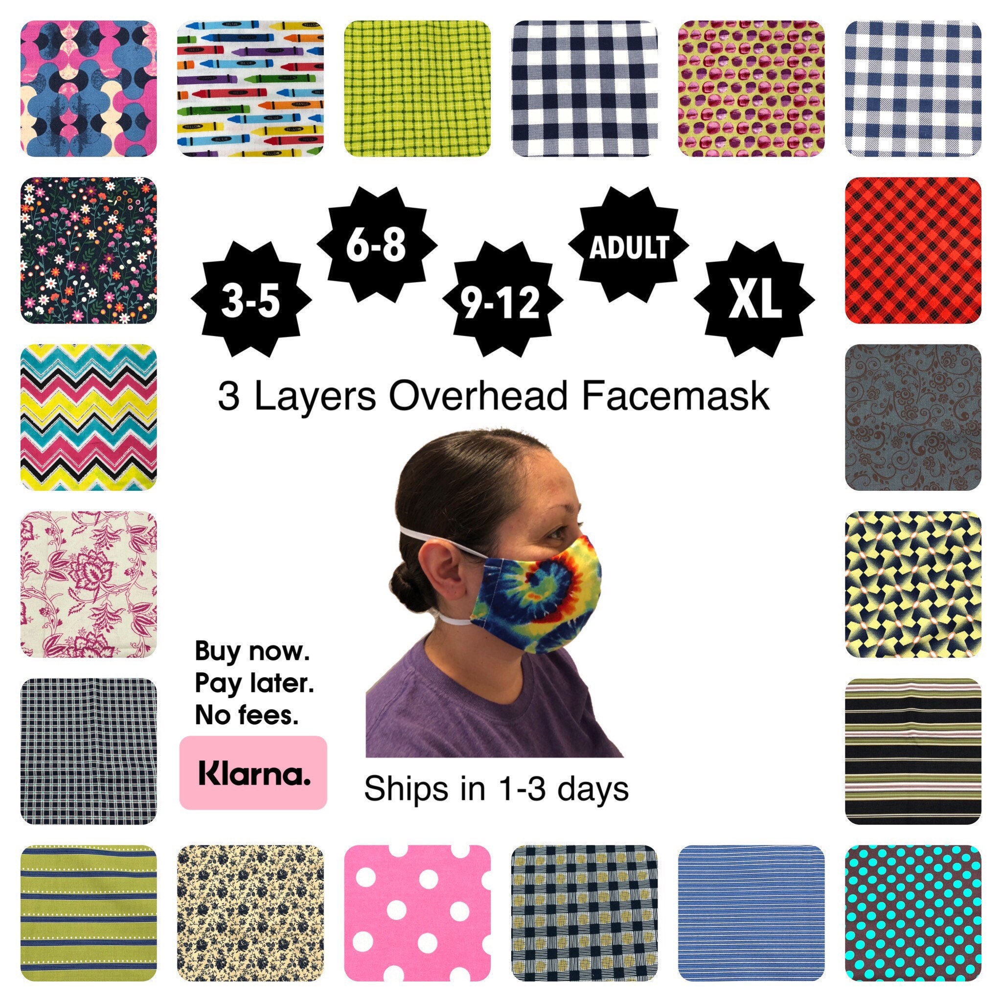 Overhead Face Mask for Adults and Children, Designer Face Mask, 3 Lay…