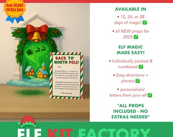 May include: A promotional image for the 2025 Magical Elf Kit. The image features a decorative doorway with a Christmas wreath and a sign that reads "Back to North Pole!" The kit includes props, directions, and personalized letters.
