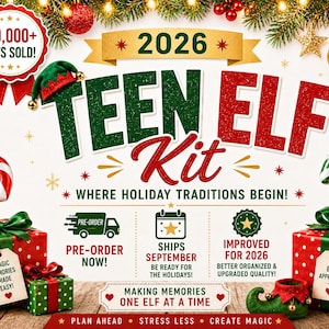 May include: A festive holiday advertisement for a Teen Elf Kit, featuring red and green gift boxes, candy canes, and the text "Teen Elf Kit" and "2026". The image includes the text "Pre-Order Now!" and "Ships September".