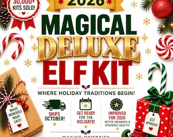 May include: A 2026 Magical Deluxe Elf Kit advertisement featuring festive Christmas decorations including candy canes, a red gift box, and pine branches. The text reads 30,000+ Kits Sold, Where Holiday Traditions Begin, and Making Memories One Elf At A Time.