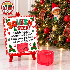 May include: A white sign with red and green candy cane borders on a red easel, featuring the text "SQUISH & SEEK! Squish, squish, where could I be? Grab your squish and come find me!" with holly and a red cube graphic, plus a separate red cube.