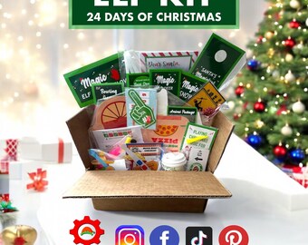 May include: A cardboard box filled with various Christmas-themed items. The box contains small packages, cards, and novelty items. The text "ELF KIT" and "24 DAYS OF CHRISTMAS" are displayed above the box. A Christmas tree is in the background.