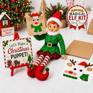 May include: A Christmas elf doll in a green tunic and red-and-white striped leggings holds a brown paper bag with a reindeer face. Beside it sits a sign reading Let's Make a Christmas PUPPET! and a sheet of reindeer face stickers.