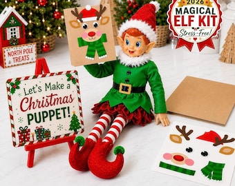 May include: A Christmas elf doll in a green tunic and red-and-white striped leggings holds a brown paper bag with a reindeer face. Beside it sits a sign reading Let's Make a Christmas PUPPET! and a sheet of reindeer face stickers.