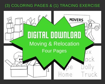 Coloring & Letter Tracing Printables | Moving Fun for Kids | DIGITAL DOWNLOAD | Moving, Relocation, Military PCS | Children's Coloring Pages