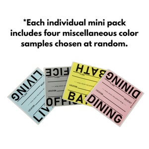 May include: Four colour-coded cards with the words "Living", "Office", "Bath", and "Dining" printed on them. Each card has a box for a location and a box number. The text "*Each individual mini pack includes four miscellaneous colour samples chosen at random." is printed above the cards.