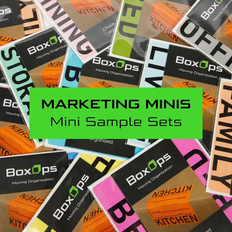 May include: A close-up of a variety of colourful stickers with the text "BoxOps Moving Organization" and "KITCHEN" on them. The stickers are arranged in a random pattern and are all different sizes. The text "MARKETING MINIS Mini Sample Sets" is written in green on a white background.