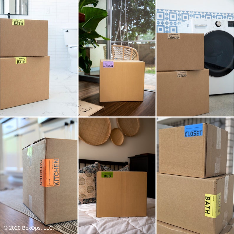 May include: A collection of nine cardboard boxes with different labels, including "BATH", "KITCHEN", "BED", "CLOSET", "OUTDOOR", and "LAUNDRY". The boxes are stacked on top of each other and are arranged in a grid pattern.