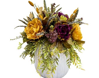 Handmade Fall Pumpkin Floral Centerpiece: Yellow & Purple Silk Flowers