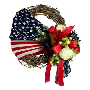 Handmade Patriotic Wreath: American Flag, Red White & Blue Floral Decor