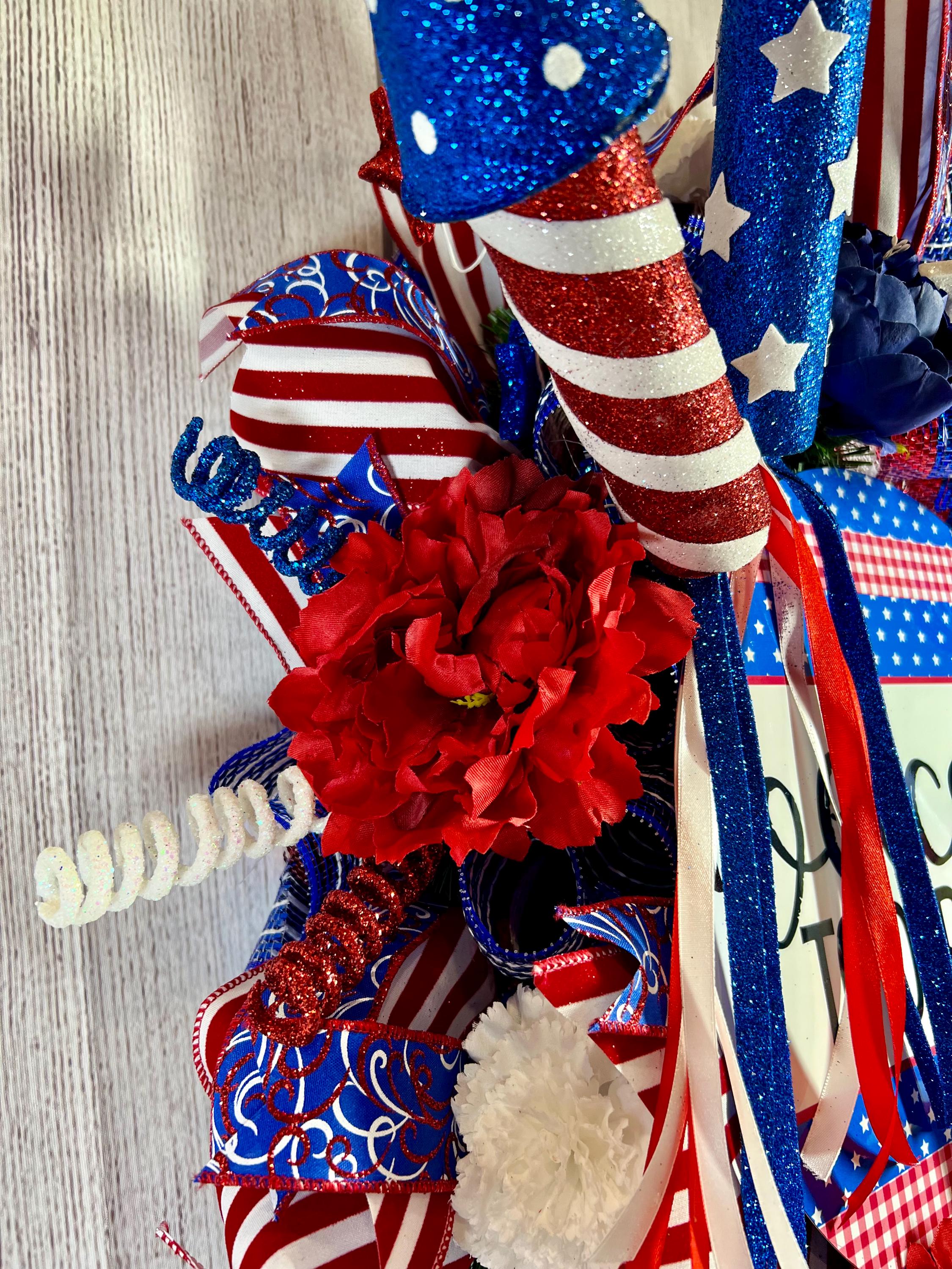 Handmade Patriotic Wreath: Glitter Rocket, Red White Blue Decor - Etsy