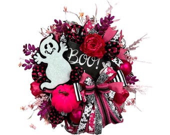 Handmade Halloween Ghost Wreath: Pink & Black Spooky Front Door Decor