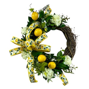 Lemon Wreath for Front Door – Summer Grapevine Wreath with White Hydrangeas, Faux Lemons & Lemon Ribbon, 22x20x9 Spring Decor