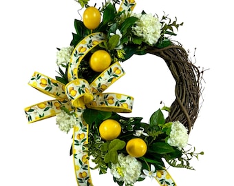 Corona de vid y limón: Hortensias y cinta de limón, decoración de primavera y verano.
