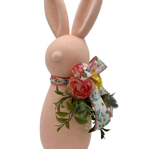 Flocked Bunny with Floral Bow, Easter Spring Bunny Decor, Blush Pink Standing Bunny, Whimsical Bunny for Mantel, Shelf or Entryway,18”