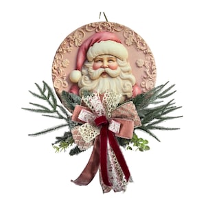 Vintage Santa Christmas Wreath: Velvet Ribbon Holiday Door Decor