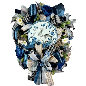 Blue Bunny Wreath, Easter Front Door Decor, Chinoiserie Spring Wreath, Blue and White Floral Wreath, Farmhouse Bunny Wreath