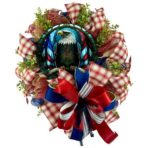 Patriotic Eagle Wreath for Front Door – 4th of July Decor, Americana Deco Mesh Wreath, Red White Blue Wreath with Metal Sign