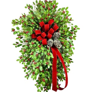 Christmas Teardrop Wreath: 38&quot; Holly, Pine, Red Velvet Bow