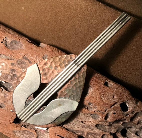 Handwrought Modernist Signed Mixed Metals Lute Brooch