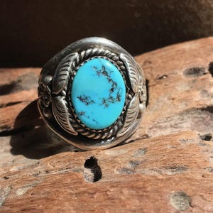 Vintage Turquoise Sterling Navajo Ring Silversmith Signed Size 12