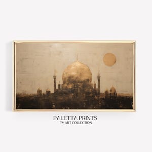 Gold Islamic Mosque Painting Large Textured Abstract Ramadan Wall Art Muslim Home Decor Frame TV Digital Artwork Mosque Minarets and Dome