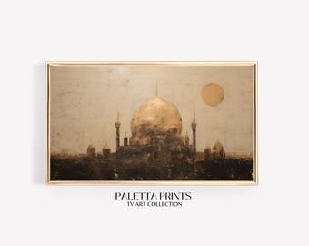 Gold Islamic Mosque Painting Large Textured Abstract Ramadan Wall Art Muslim Home Decor Frame TV Digital Artwork Mosque Minarets and Dome