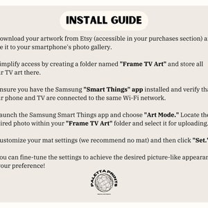 May include: A white background with black text outlining steps for installing artwork on a Samsung Smart TV using the Smart Things app. The text includes instructions to download artwork from Etsy, create a folder named "Frame TV Art", and use the "Art Mode" feature in the app.