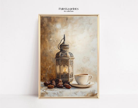 Still Life Lantern Coffee Dates Painting Ramadan Decor Neutral Rustic Middle Eastern Home Wall Art Islamic Aesthetic Print Muslim Warm Tones
