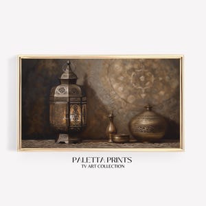 May include: A still life painting depicting a gold lantern with a candle inside, a small gold bottle, and a larger gold jar with intricate designs. The background is a brown wall with a circular pattern.