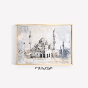 Islamic Mosque Painting Wall Art Neutral Beige Gray White Ottoman Architecture Historic Textured Oil Artwork Traditional Middle Eastern Deco