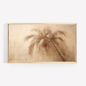 May include: A framed painting depicting a palm tree with brown coconuts hanging from its branches. The background is a light beige colour.