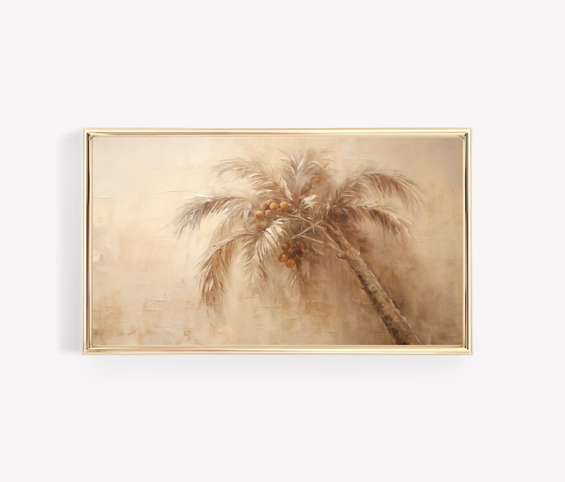 May include: A framed painting depicting a palm tree with brown coconuts hanging from its branches. The background is a light beige colour.