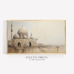 May include: A watercolor painting of a mosque with a golden frame. The mosque is white with a brown roof and a tall minaret. The background is a light blue sky with white clouds.