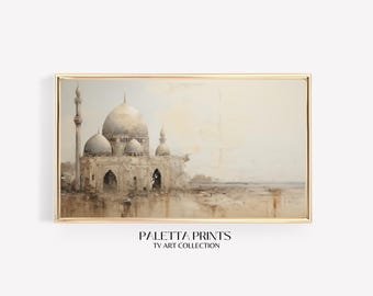 Antique Islamic Mosque Painting with Weathered Architecture Neutral Tones Middle Eastern Historic Digital Art for Frame TV Wall Decor