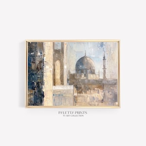Op de afbeelding: Een schilderij van een moskee met een blauwe koepel en minaretten, geschilderd in een gedempte kleurenpalet van blauw, bruin en grijs. Het schilderij heeft een textuur, penseelstreek-effect.