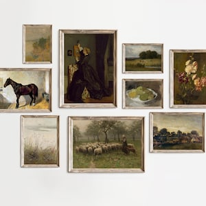 Vintage farmhouse wall art green tones french country gallery wall art bundle digital download set of 9 cottage art floral landscape art