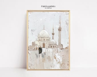 Islamic Mosque Wall Art Digital Painting Beige Neutral Tones Textured Architectural Decor Spiritual Islam Home White Artwork Ramadan Muslim