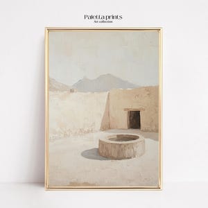 May include: A painting of a beige building with a doorway and a round well in front of it. The building is set against a light blue sky and a beige background.