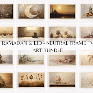 May include: A set of 12 digital art prints featuring Islamic themes, such as lanterns, mosques, and palm trees. The prints are in a neutral frame style and are perfect for decorating a home or office.