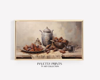 Rustic Arabic Dates and Tea Set Still Life Middle Eastern Iftar Decor Traditional Ramadan Digital Art for Frame TV Vintage Home Aesthetic