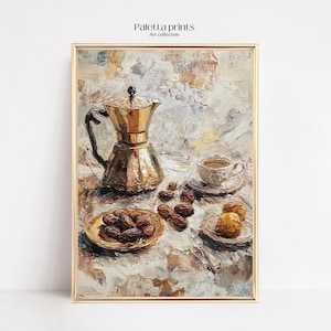 May include: A painting of a still life featuring a gold coffee pot, a cup of coffee, and dates on a white tablecloth. The painting is done in a realistic style with a focus on texture and light.