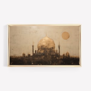 May include: A framed painting depicting a mosque with a golden dome and minarets, set against a light grey background with a large, golden sun in the sky.