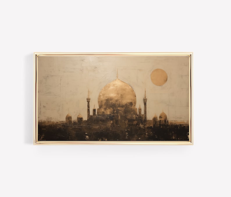 May include: A framed painting depicting a mosque with a golden dome and minarets, set against a light grey background with a large, golden sun in the sky.