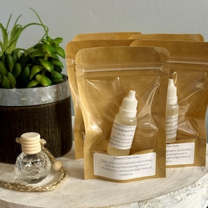 May include: A clear glass diffuser bottle with a wooden top and a decorative rope, next to several brown paper pouches containing small bottles of diffuser oil. The pouches have labels that read "Roasted Pine Cone".