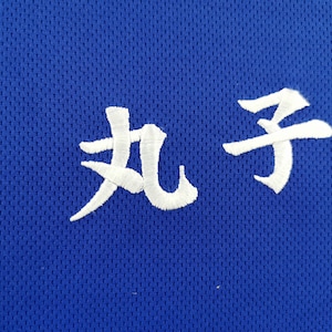 Puede incluir: Primer plano de una tela de malla azul con caracteres japoneses blancos bordados. Los caracteres est&aacute;n estilizados y parecen ser un nombre o una palabra. La tela tiene un aspecto texturizado.