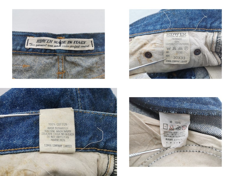 Puede incluir: Primeros planos de vaqueros de mezclilla azules con m&uacute;ltiples etiquetas. Una etiqueta dice "EDWIN MADE IN ITALY". Otra etiqueta muestra la talla 30x33. Otras etiquetas proporcionan instrucciones de lavado y la composici&oacute;n de la tela. Los vaqueros son 100% algod&oacute;n.