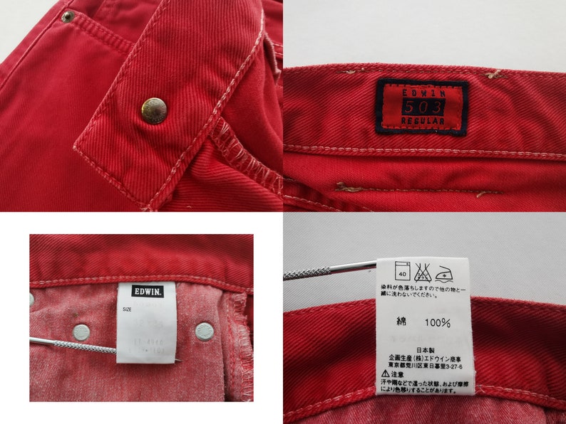 Op de afbeelding: Close-up opnamen van rode denim jeans, met details zoals een knoopsluiting, stiksels en het label "EDWIN 503 REGULAR". Extra labels tonen wasvoorschriften en de samenstelling van de stof.