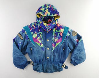 Chaqueta de invierno Ellesse con capucha vintage desgastada y capucha de esquí Ellesse, fabricada en Japón, talla L
